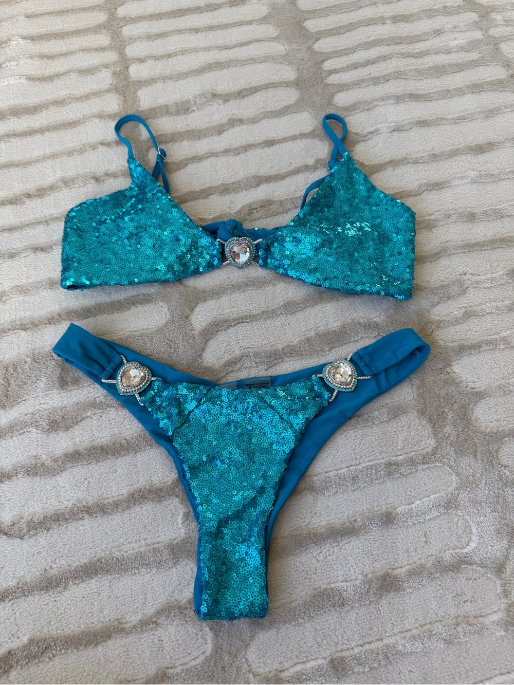 Beach Bunny Brand New Sequined Teal Bikini Set with Decorative Heart Accents